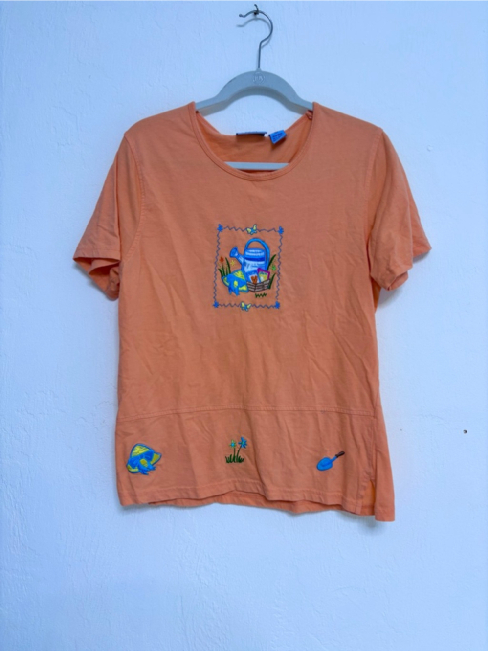 Women's Jane Ashley Orange Short Sleeve Tee L with Blue Embroidery Garden theme